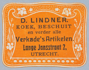 710994 Sluitzegel van D. Lindner, Koek, Beschuit en verder alle Verkade’s Artikelen, Lange Jansstraat 2 te Utrecht.